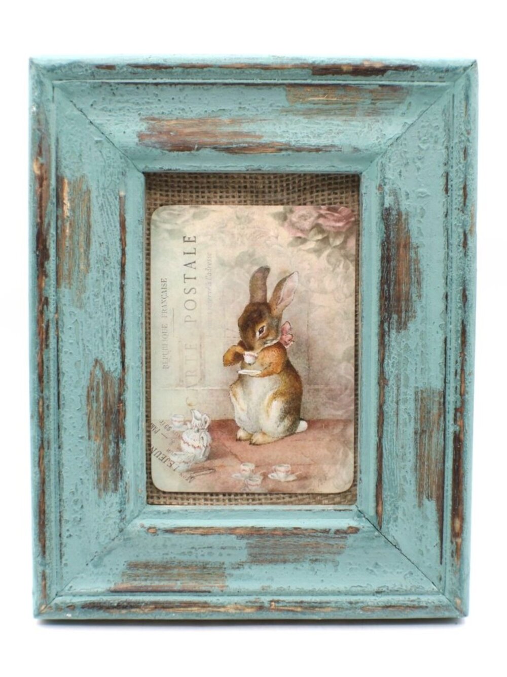 Rustic Farmhouse Wood Frame Bunny Print Art 7.5x9.5" French Country Distressed